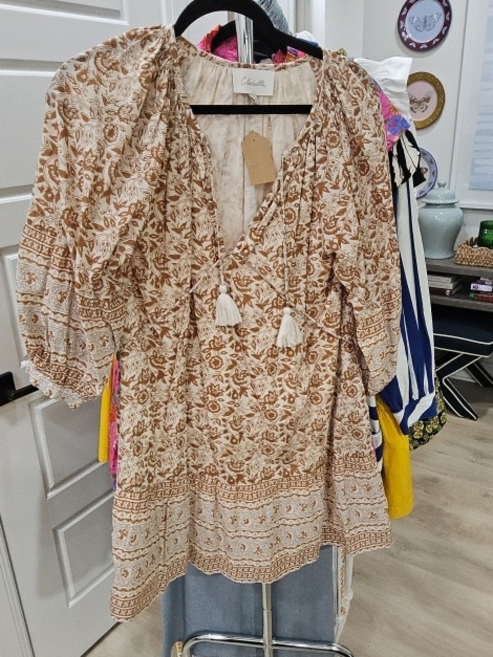CLEOBELLA Cream and Brown Floral Peasant Dress
